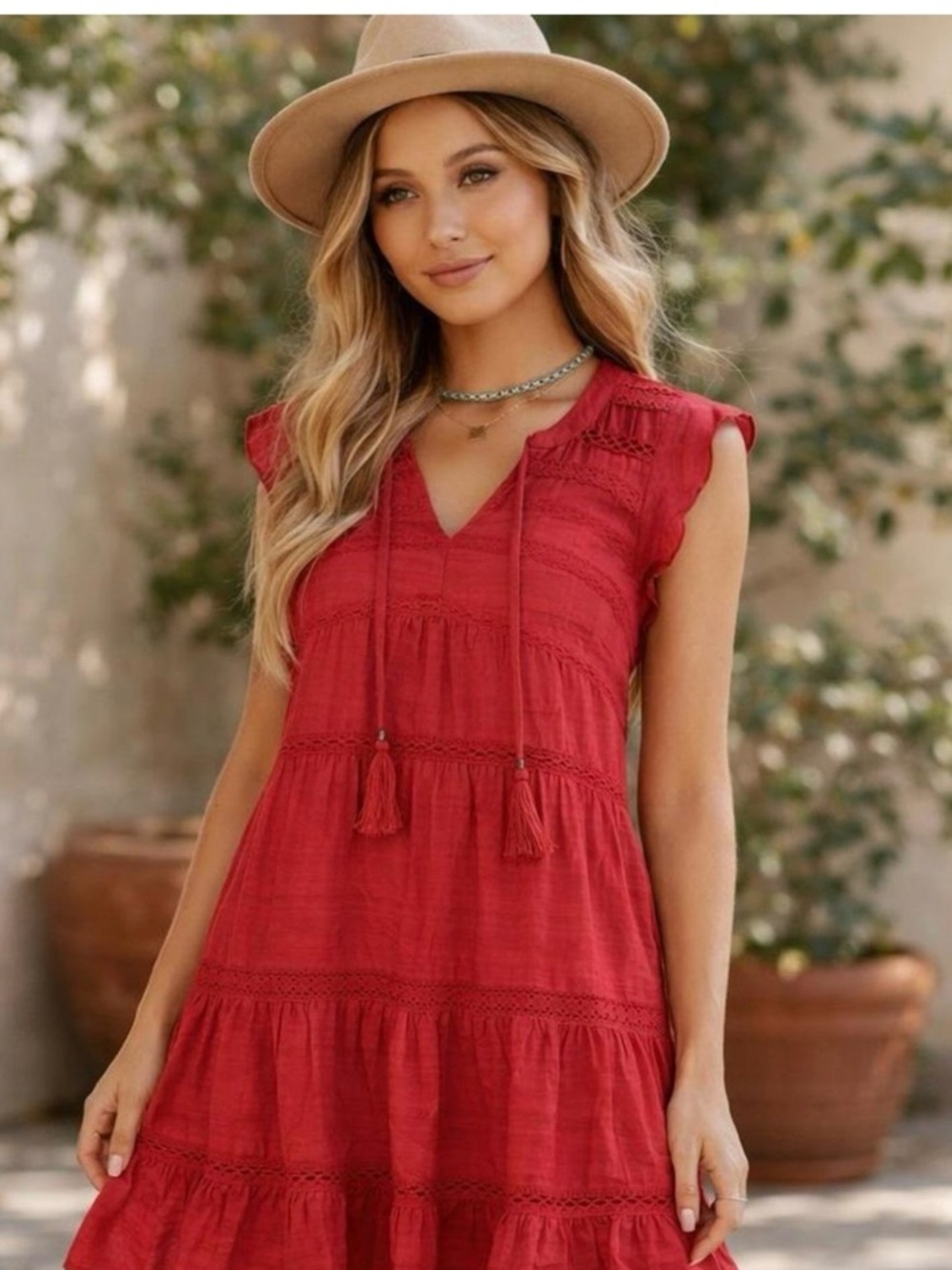 KNOX ROSE Bohemian Cotton Red Lined Ruffled Peasant Embroidered Dress XXL